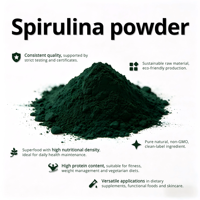 Poudre de spiruline de qualité alimentaire, extrait végétal, production éco-responsable et durable avec échantillons gratuits et emballage en bouteille