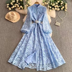 Robe midi vintage décontractée d'été pour femme, durable, respirante, lavable, en dentelle, coupe trapèze, manches longues, taille empire - Product Image 4