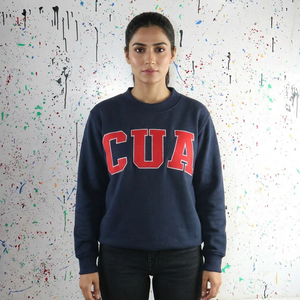 Sudadera con capucha azul marino CUA con media cremallera, bordado de apliques rojos, Clush Sports, 100% algodón, estampado digital de invierno, corte oversize - Product Image 1