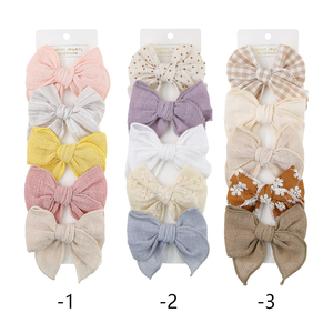 Ensemble de 5 pinces à cheveux en forme d'arc, en tissu de lin et de coton coloré, accessoires pour filles et bébés, broderie, ensemble de pinces à cheveux - Product Image 2