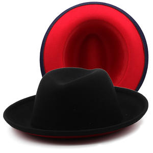 Fedora en <span class=keywords><strong>feutre</strong></span> de laine bicolore pour femmes et hommes Fedora à fond rouge 2 tons avec <span class=keywords><strong>souffleur</strong></span> à bord court plié à bord enroulé Fedoras - Product Image 3