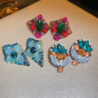 Boucles d'oreilles pendantes géométriques vintage pour femmes, fleurs colorées en strass et cristal, bijoux fantaisie géométriques