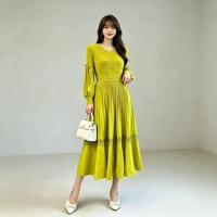 Robe longue plissée grande taille avec empiècements en dentelle crochet et motifs floraux 3D, manches lanternes, robe de soirée plissée Miyake pour l'automne