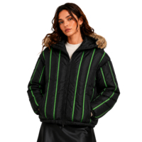 Veste matelassée à capuche pour femme avec garniture en fausse fourrure, noire avec passepoil vert fluo, manteau d'hiver rayé isolé