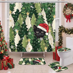 Green <b>Christmas</b> Trees Black Cat Polyester <b>Shower</b> <b>Curtain</b> Bathroom <b>Curtain</b> Digital Print Waterproof Custom Print Wholesale Modern - Product Image 2