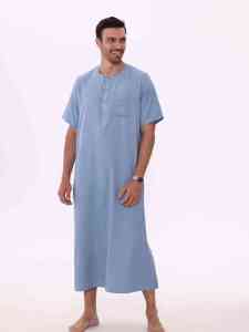 <b>Men's</b> Light Blue Cotton <b>Thobe</b> Short Sleeve Round Neck Ankle Length Casual Daily Wear Loose Fit Solid Color Middle East Style - Product Image 1