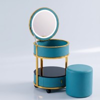 Station de maquillage moderne en acier inoxydable avec miroir LED 3 couleurs, chargeur de téléphone sans fil, roulettes universelles, hôtel, appartement
