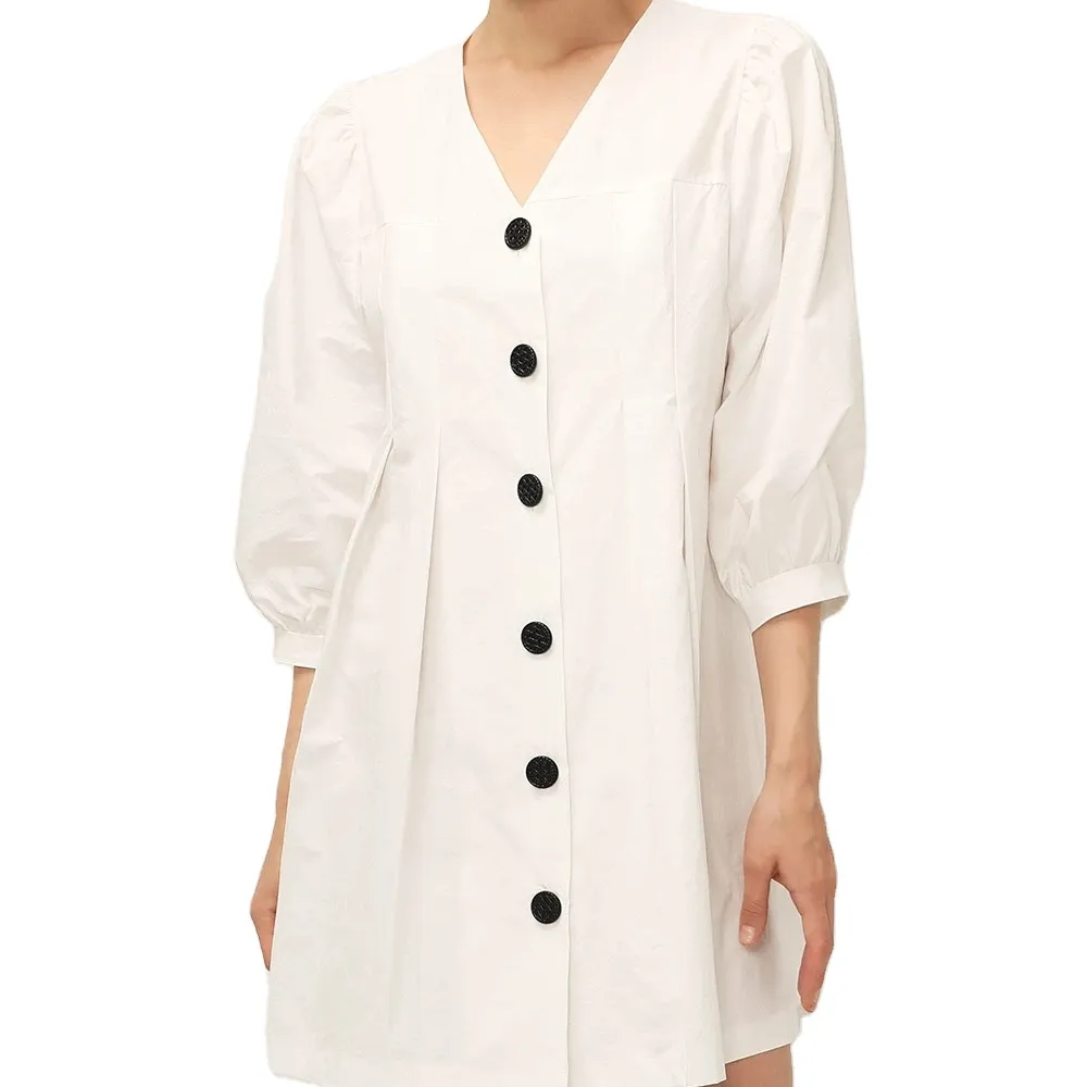 KY 100% linen fabric Casual Plain V Neck Three Quarter Puffed Sleeve Button Up Pintuck Waist Mini Dress woman cotton dresses