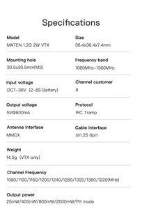 GEPRC MATEN 1.2G 2W VTX Émetteur vidéo haute puissance 1.2GHz 2000mW IRC Tramp MMCX 2-8S 30.5x30.5mm pour Drone FPV RC, Avion, <span class=keywords><strong>Voiture</strong></span> - Product Image 2