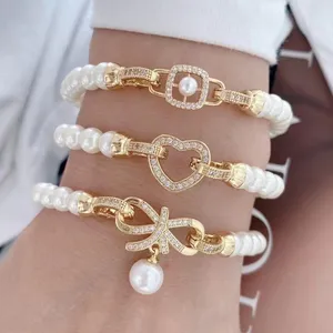 Fashion Matching Acrylic Freshwater Pearl Bracelet Lady CZ Diamond Bowknot Pearl Bracelet Pearl Jewelry Wholesale