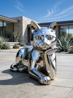 Escultura de Gato de Acero Inoxidable Pulido con Acabado Espejo, Moderna Estatua de Gato Recostado Pensando para Jardín, Piscina, Centro Comercial, Calle Comercial