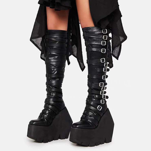 Women Super High Wedge Heels Knee High <b>Boots</b> Belt Buckles Thick Platform Long <b>Boots</b> Punk Styles Y2K Style Back Zipper Shoes - Product Image 1