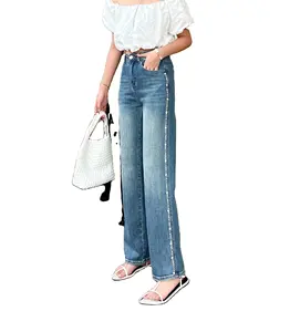 Place an order for fashionable women&#39;s blue straight wide leg pants jeans rubber pearl wide leg pants thin material 7396