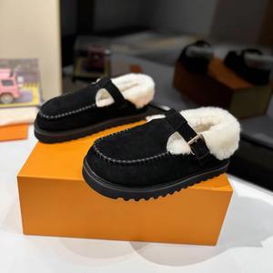 Drioshipping Hiver Nouvelles chaussures pour femmes en cuir de vachette givré de haute qualité Pantoufles de luxe en laine et velours - Product Image 3