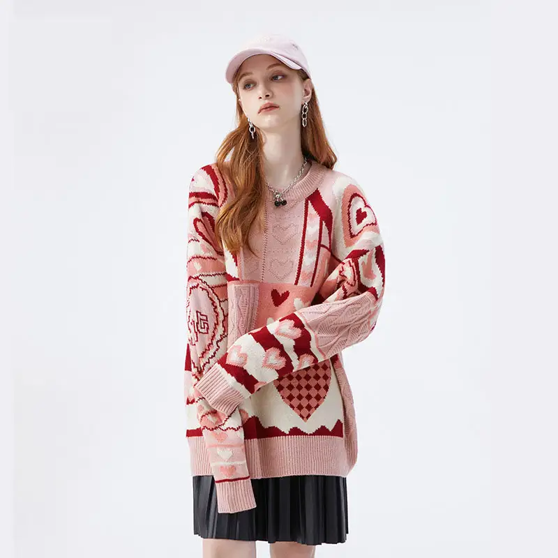 Acquard-suéter de punto con patrón de corazón Rosa unisex, Jersey informal holgado de gran tamaño, tejido a rayas personalizado