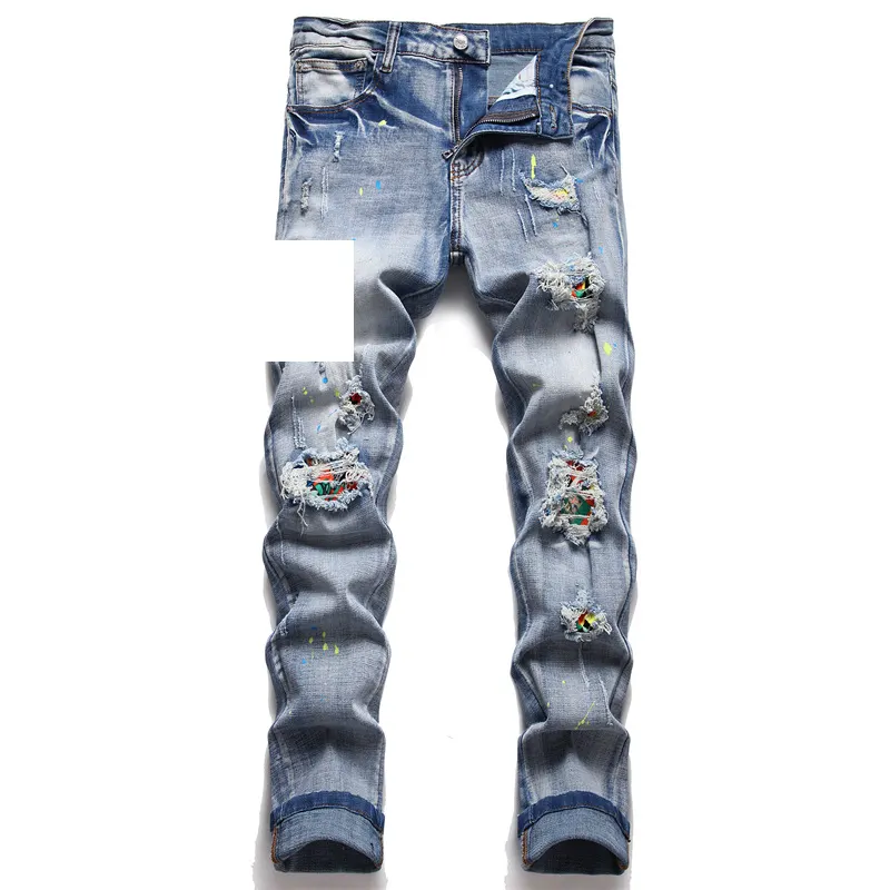 AIPA Washed Blue Denim Pants For Man Male Colorful Patch Holes Designer Fashion Jeans Hip Hop Men Slim Straight Denim Trousers