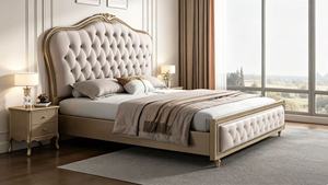 European King Size Tufted Upholstered <b>Bed</b> With Faux Leather And Gold Trim <b>Frame</b> - Product Image 3