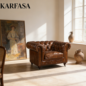 أريكة Karfasa التجارية للفنادق بتصميم تشسترفيلد الصناعي من جلد البقر الطبيعي الأصلي المعتق مع إطار من الخشب وحشوة من الإسفنج - Product Image 6