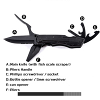 Couteau de poche multifonction 6-en-1 pour l'extérieur avec 9 tournevis, en acier inoxydable, couteau pliant tactique de camping