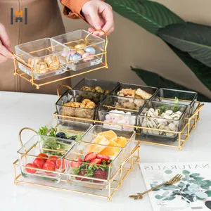 Europese Luxe Vierkante Glazen Platter Met Gold Trim Metalen Plank Verdeeld Rooster Plaat Glazen Kom Voor Fruit Taart Snack