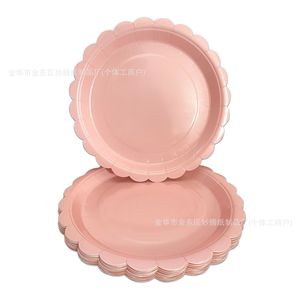 Pink Solid Color Round <b>Disposable</b> Paper <b>Plates</b> For Party Family Dinner Tableware Small Lace Design - Product Image 1