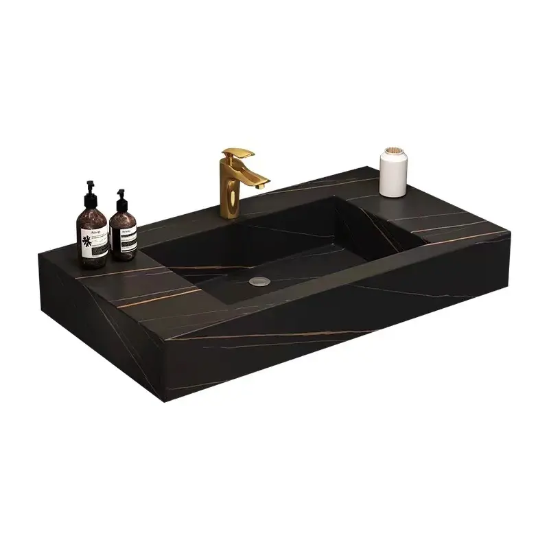 Lavabo de piedra de mármol negro de lujo, lavabo colgante de pared, Sensor LED, armario de almacenamiento de espejo