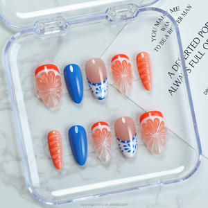 Ongles artificiels tendance été, <span class=keywords><strong>manucure</strong></span> 3D, simulation <span class=keywords><strong>orange</strong></span> ombré, courts, ovales, faits à la main, à presser - Product Image 2