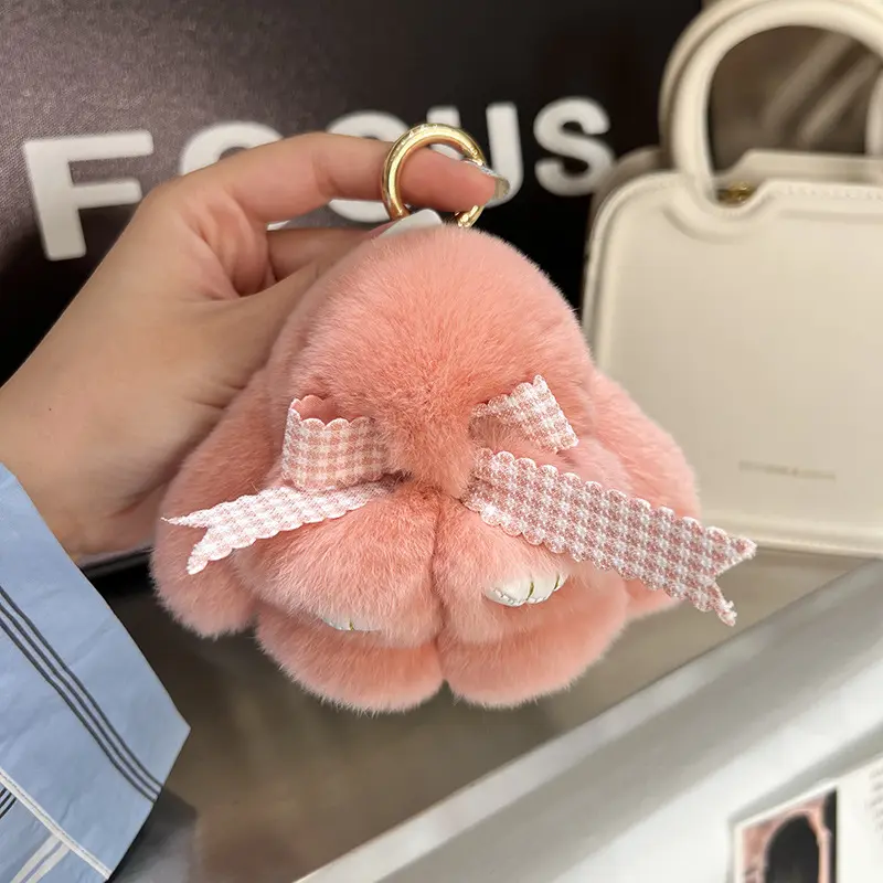 Fashion Fluffy Rex Rabbit Fur Cute Rabbit With Bow Toy KeyRing Plush Rabbit Birthday Backpack Pendent Gift Plush Car Keychain