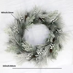 Abastecido Decorativa Artificial Natal Flocado Branco Cipreste Pinho Agulha Cone De Pinho & White Berry Wreath Para Decoração de Casa