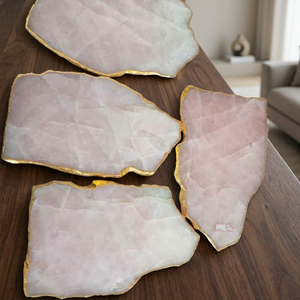 Plato de Queso de Cuarzo Rosa con Borde Dorado, Bandeja de Servir de Cuarzo, Cristales Curativos, Rocas de Reiki, Productos Espirituales - Product Image 3