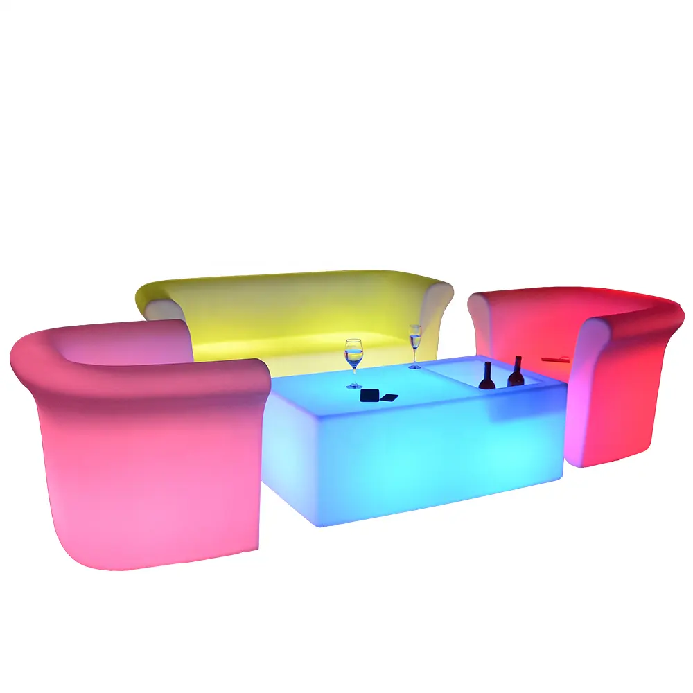 Ensemble de meubles de boîte de nuit, chaises, canapé, couleur éclairée, étanche, LED, en plastique