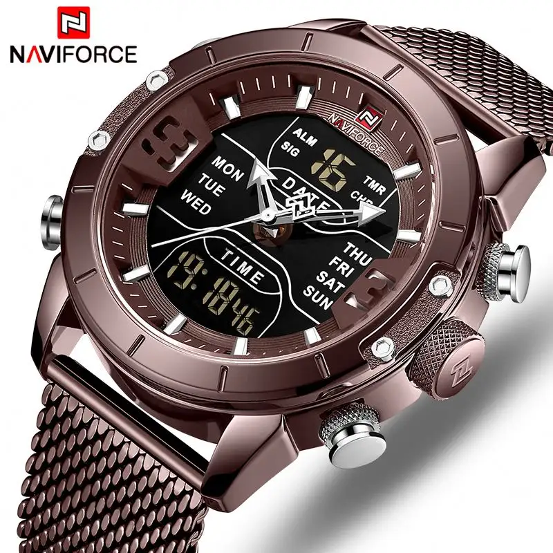 NAVIFORCE 9153 Men Quartz Digital Watches Stainless Steel Japan Movement Business Week Time Dual Display Wristwatch