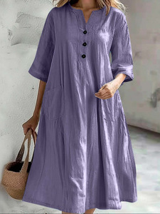 Abito da donna in lino di cotone da donna a mezza manica lunga a V con motivo Patchwork a tre bottoni - Product Image 3