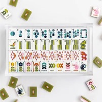 Jeu de Mahjong Américain MCM avec Tuiles Géométriques Florales, Motif Artistique Rétro Vert Olive, Pochette en Velours, Bam Bird Boutique