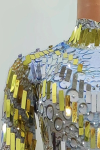 Vestido de bar de club nocturno, vestido dorado de lentejuelas de lujo para mujer, vestido de actuación Sexy penetrante de carne de canción para mujer - Product Image 4