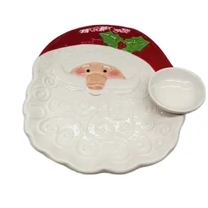 Hand painted Vintage Santa Claus Face Blue Eyes Ceramic Plate Decor Cookie Tray Bell on hat