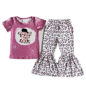 New Toddler Cô Gái Quần Áo Bộ Trẻ Em Cao Bồi Đưa Tôi Đi T-Shirt Màu Hồng Leopard Chuông Đáy 2 Pcs Trang Phục