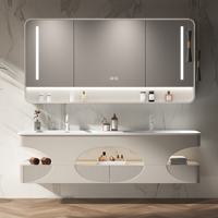 Mueble de Baño de Estilo Minimalista Clásico para Hotel o Villa, Gabinete de Madera Sólida Montado en la Pared, Lavabo de Piedra, Espejo Inteligente con Almacenamiento