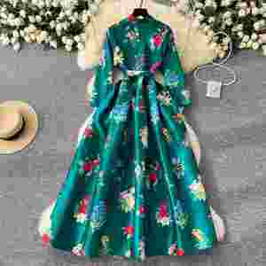 <b>Plus</b> <b>Size</b> Summer V-Neck Woven Digital Printing Casual Midi <b>Dress</b> for Women <b>Empire</b> Waist Polyester/Cotton A-<b>Line</b> Silhouette - Product Image 4