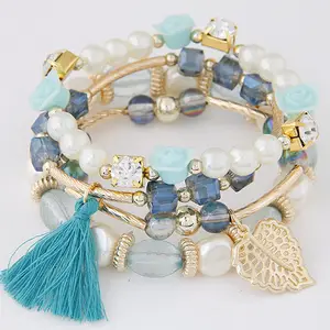 Bohemian Ethnic Style Alloy Crystal Pearl Leaf Multilayer Bracelets Tassel Plastic Bracelet with Charm for Female