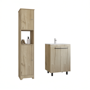 Ensemble de meuble-lavabo de salle de bain en chêne clair avec armoire à linge et meuble sous-vasque, design moderne sur pied, largeur 32-34 pouces - Product Image 1