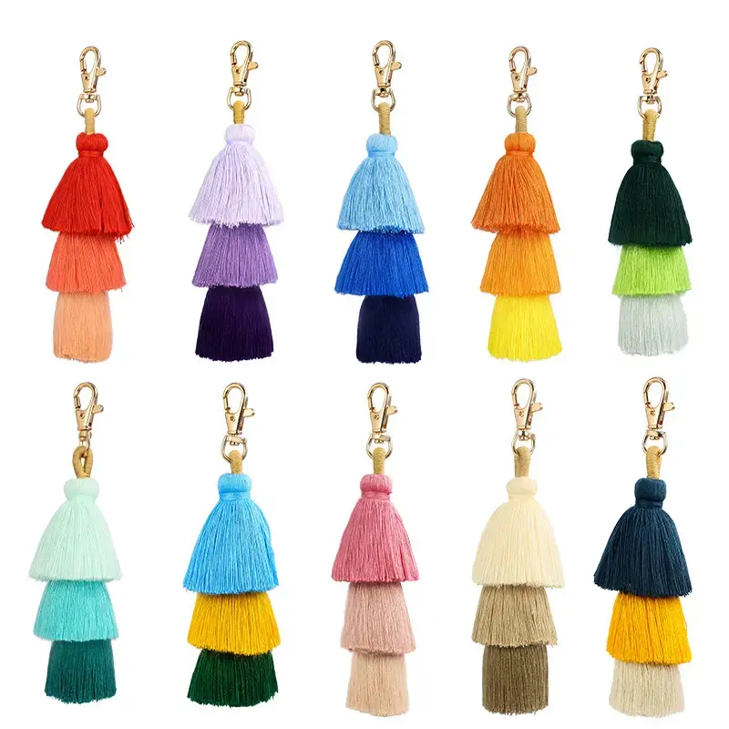 Hot Sale Handwoven Fashion key Chain Accessories Colorful Boho Rainbow Multi Layers Long Macrame Tassel Keychain For Handbag