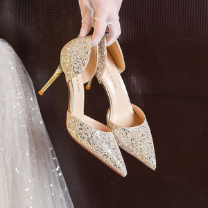 6691-6 Escarpins de mariée solides à bout pointu, talon aiguille, strass, chaussures de mariage, super hauts (8 cm ou plus), doublure en satin - Product Image 1