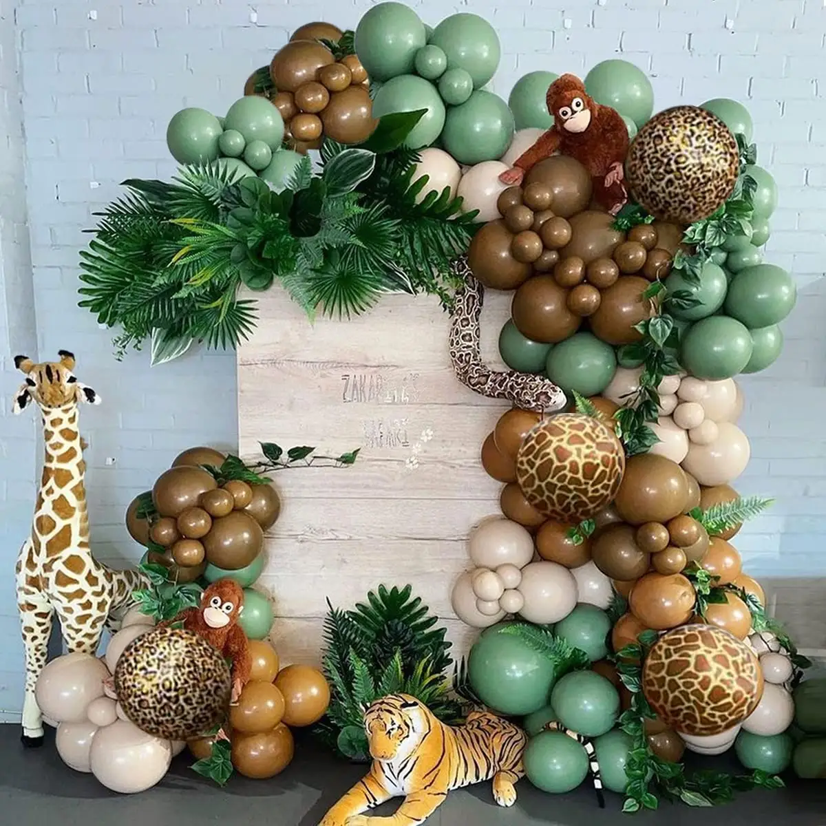 Kit de arco de balões com guirlanda para festa, tema da selva, safari, animais, floresta, zoológico, sálvia verde, decoração de chuveiro de bebê