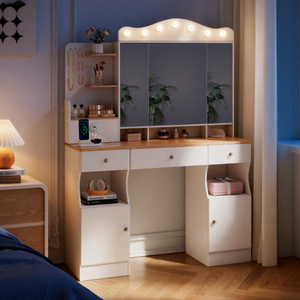 Modern LED Vanity <b>Desk</b> with Tri-Fold Mirror, 2 USB Ports & 3 Drawers, Makeup Table with Lights, Bedroom Dressing Table White MDF - Product Image 2