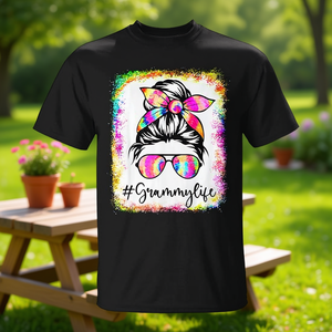 Grammy Life Messy Bun Tie Dye Glasses T-Shirt Cadeau pour la fête des mères - Product Image 3