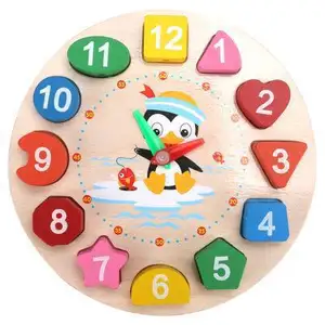 儿童蒙特梭利卡通动物教育木制串珠几何数字时钟拼图小工具匹配时钟玩具