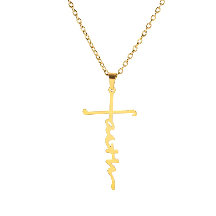 Colar dourado com letra de fé, colar com cruz dourada de aço inoxidável, venda quente, 2021