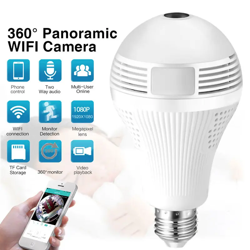 Ampoule led avec caméra panoramique 1080P, dispositif de sécurité domestique sans fil, wi-fi, Fisheye, 360 degrés, 1.3MP, lampe, IP