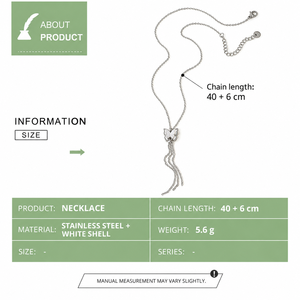 Collier à pampilles en acier inoxydable avec coquille blanche, couleur argent, chaîne de 40+6 cm, 5,6 g, bijou tendance - Product Image 5